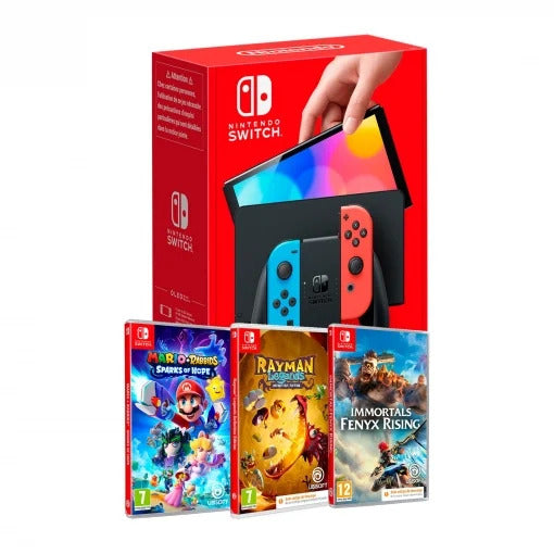 Nintendo Switch OLED Neón + Mario+Rabbids Sparks of Hope + Rayman Legends + Immortals Fenyx Rising (CIAB)