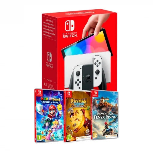 Nintendo Switch OLED Blanca + Mario+Rabbids Sparks of Hope + Rayman Legends + Immortals Fenyx Rising (CIAB)