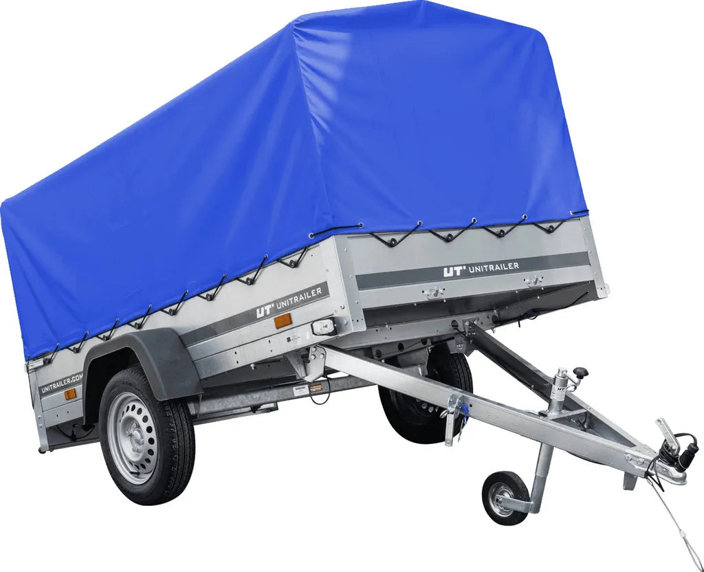 Remolque para coche 230x125 Garden Trailer 230 KIPP Unitrailer 750 kg con rueda de apoyo, lona alta azul y proa alta