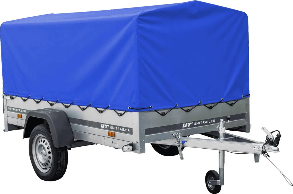 Remolque para coche 230x125 Garden Trailer 230 KIPP Unitrailer 750 kg con rueda de apoyo, lona alta azul y proa alta