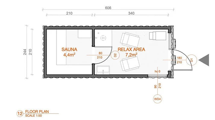 Contenedor de sauna de 15 m² con zona de descanso – llave en mano