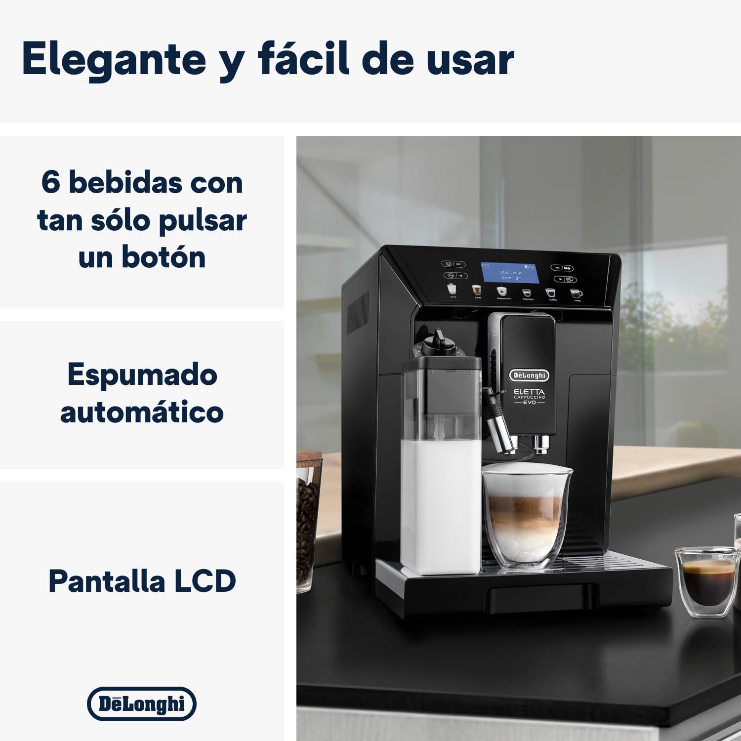 Eletta Cappuccino, Máquina Automática de Café en Grano, Espresso, Cafetera, ECAM46.860.B, Negro