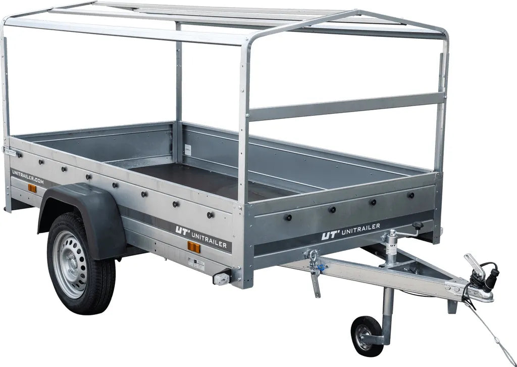 Remolque para coche 230x125 Garden Trailer 230 KIPP Unitrailer 750 kg con rueda de apoyo, lona alta azul y proa alta