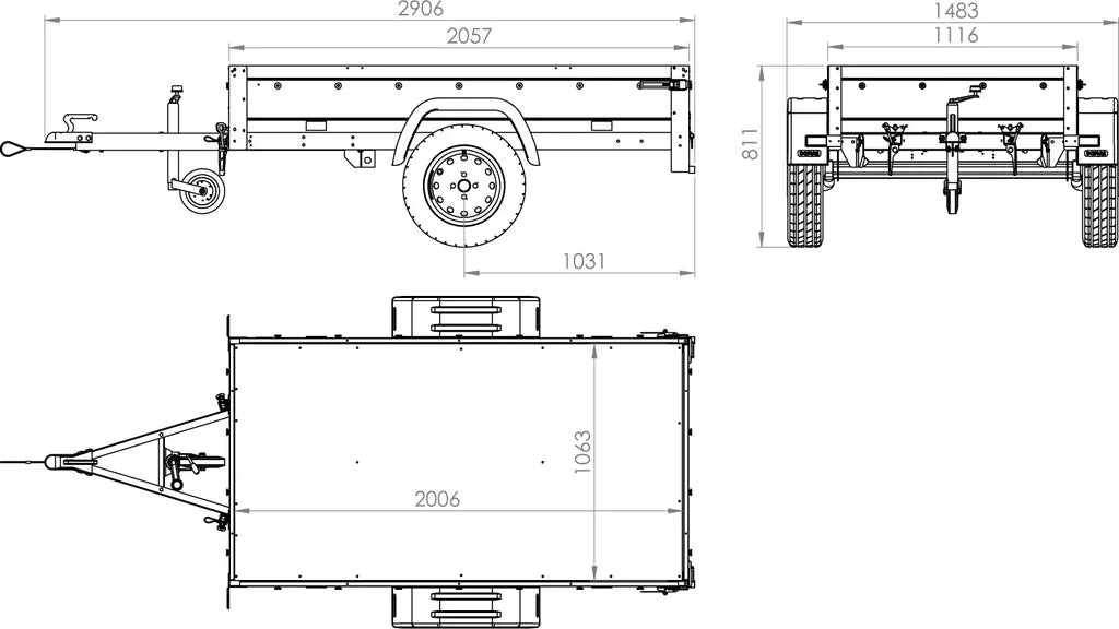 Remolque de jardín de cama baja 200 KIPP 200x106 cm 750 kg con arco alto, lona alta y rueda de apoyo