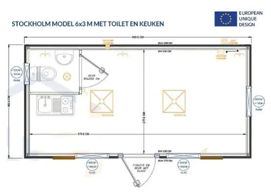 Contenedor Estocolmo 6×3 metros – aseos y cocina integrados.