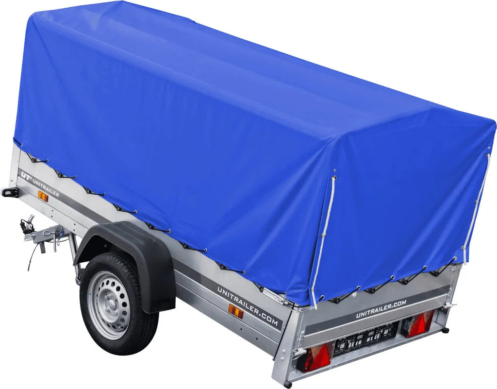 Remolque para coche 230x125 Garden Trailer 230 KIPP Unitrailer 750 kg con rueda de apoyo, lona alta azul y proa alta