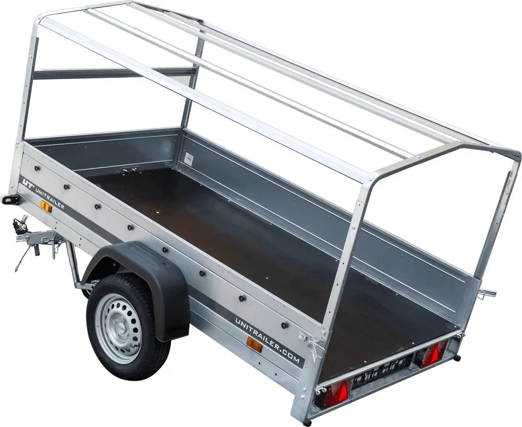 Remolque para coche 230x125 Garden Trailer 230 KIPP Unitrailer 750 kg con rueda de apoyo, lona alta azul y proa alta