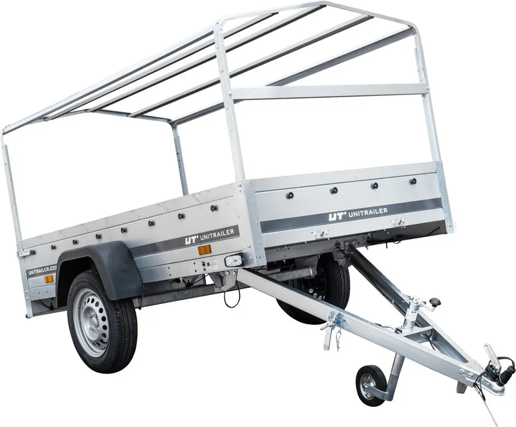 Remolque para coche 230x125 Garden Trailer 230 KIPP Unitrailer 750 kg con rueda de apoyo, lona alta azul y proa alta